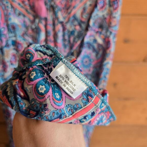 OPC Silk Dress Maxi Beach Paisley Open Back Tie Neck Summer Flowy Tassle Boho - Picture 6 of 6